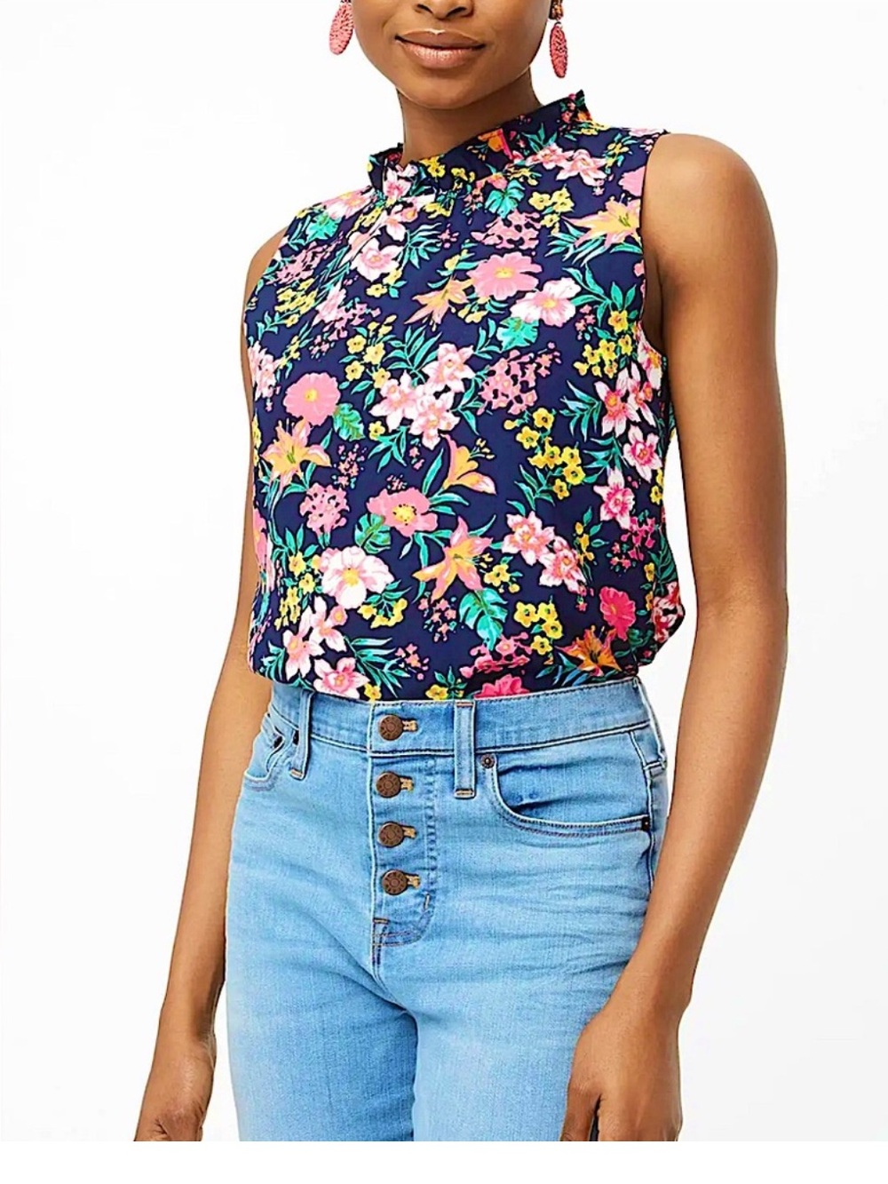 J Crew Floral Ruffle Neck Tank Blouse Garden Office Preppy Casual Small